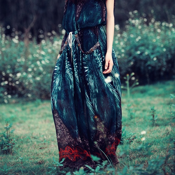 Maxi Halter Dress Bohemian Blue Print S XS - Picture 3 of 8